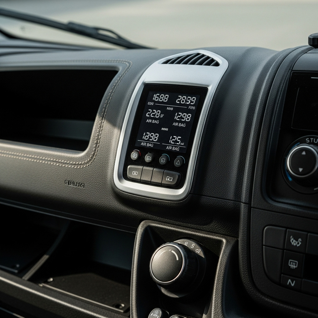 Modern bedieningspaneel voor camper luchtvering met digitale drukmeter, netjes ingebouwd in het dashboard van een Fiat Ducato.
