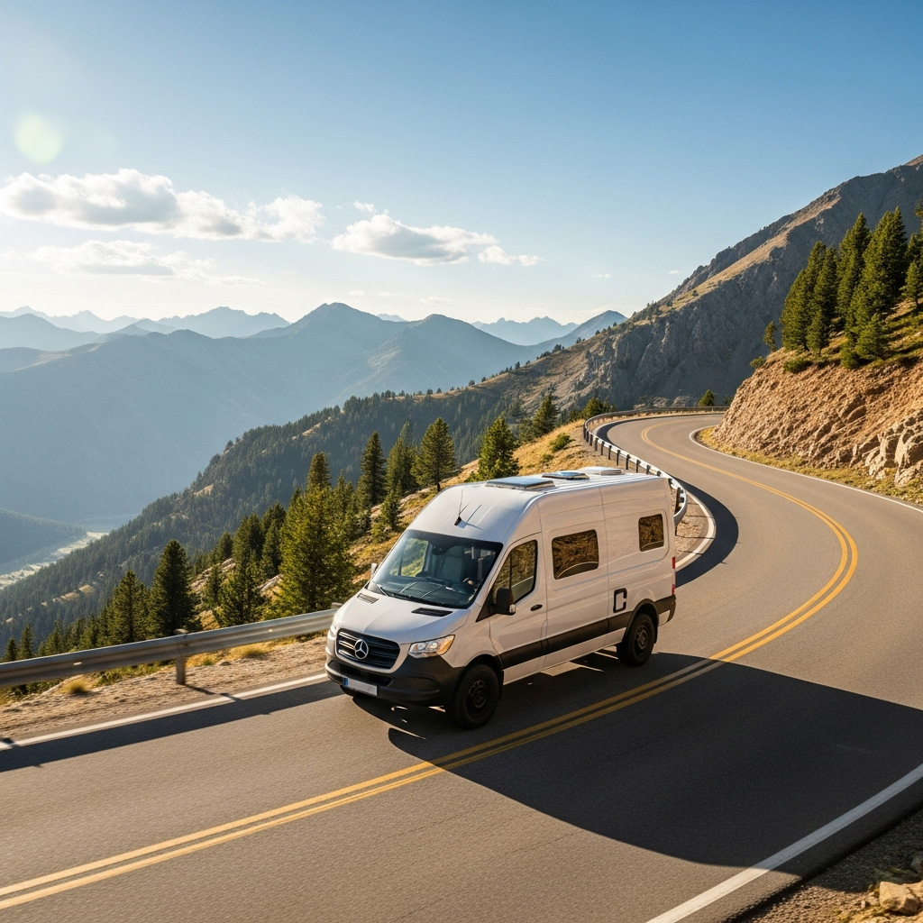 Witte camper die comfortabel en stabiel over een bergweg rijdt, dankzij de perfecte wegligging van een nieuw luchtveringsysteem.