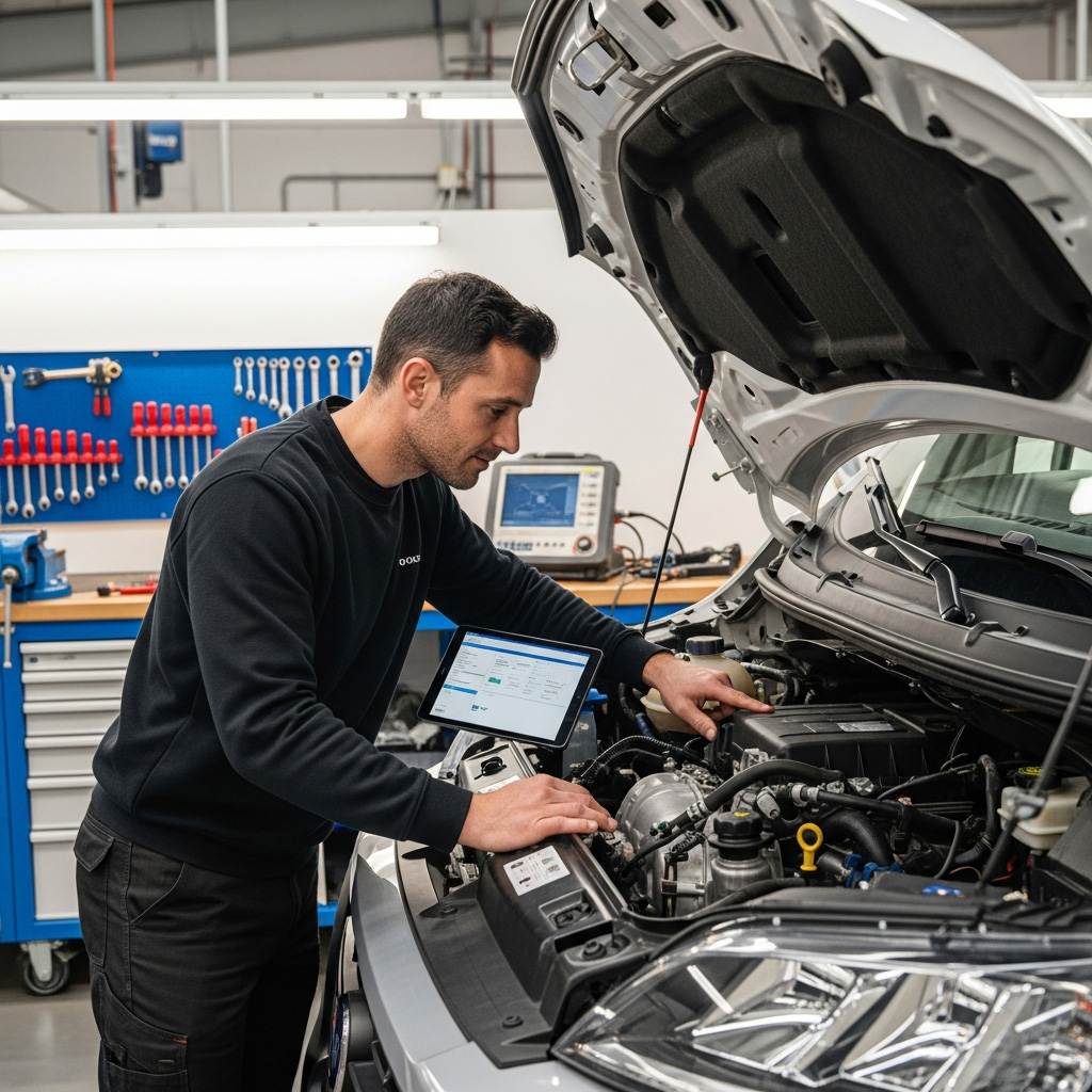 Een vakkundige monteur in werkkleding die de motor, vloeistoffen en filters van een Fiat Ducato camper controleert tijdens een servicebeurt.