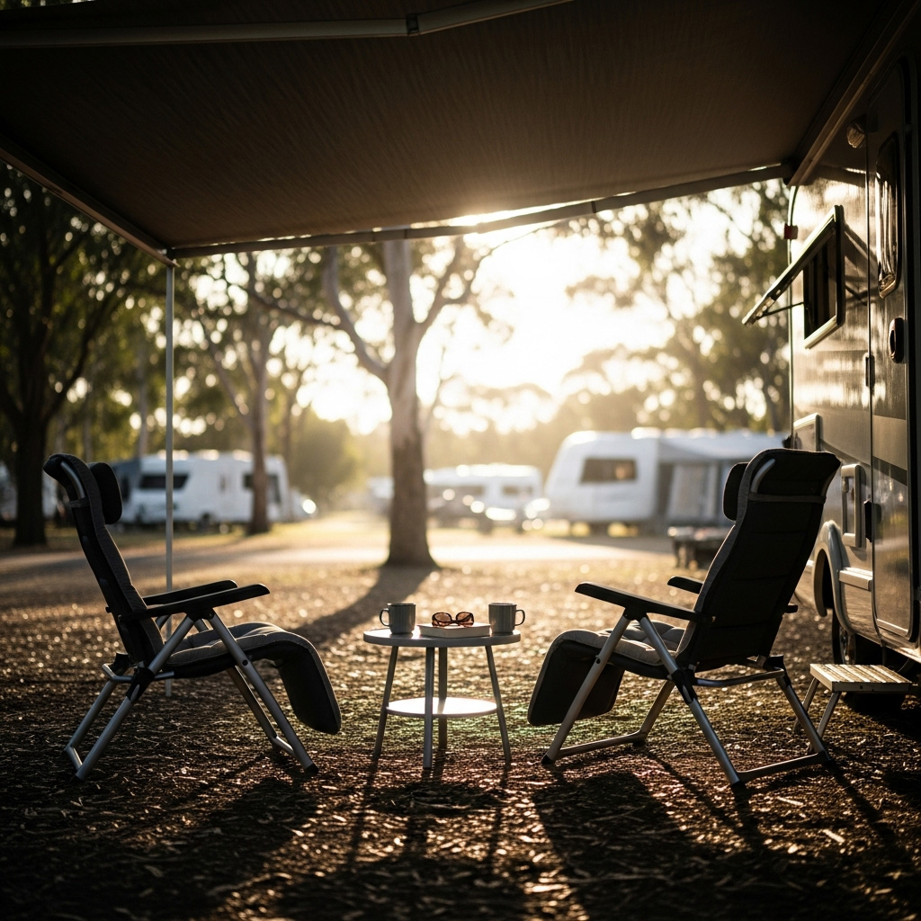Twee comfortabele campingstoelen in de verkoelende schaduw onder een uitgedraaide camperluifel tijdens een zonnige zomerdag.