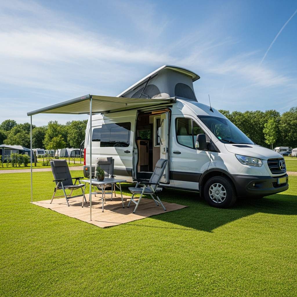 Moderne camper geparkeerd op een zonnige camping met een volledig uitgedraaide Thule luifel, die een heerlijke schaduwplek biedt.